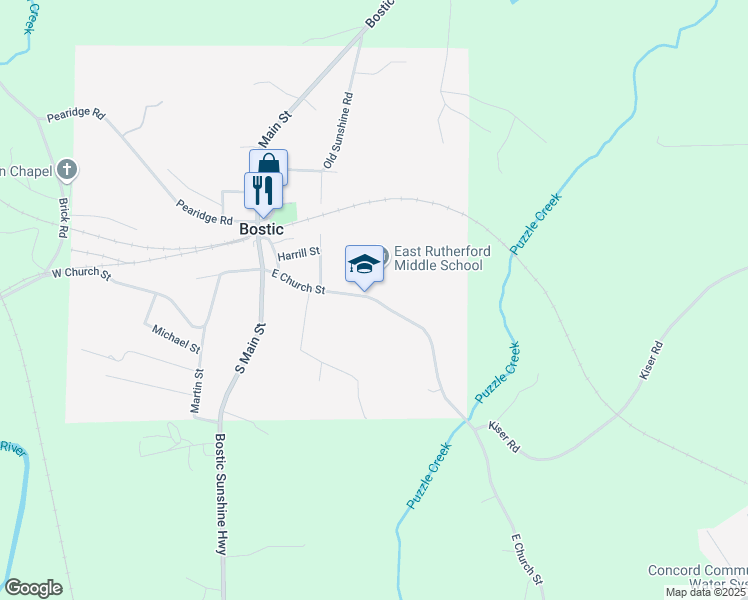 map of restaurants, bars, coffee shops, grocery stores, and more near 259 East Church Street in Bostic