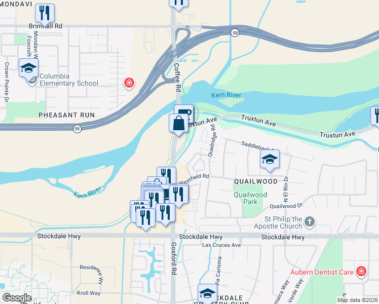 map of restaurants, bars, coffee shops, grocery stores, and more near 713 Deseret Way in Bakersfield