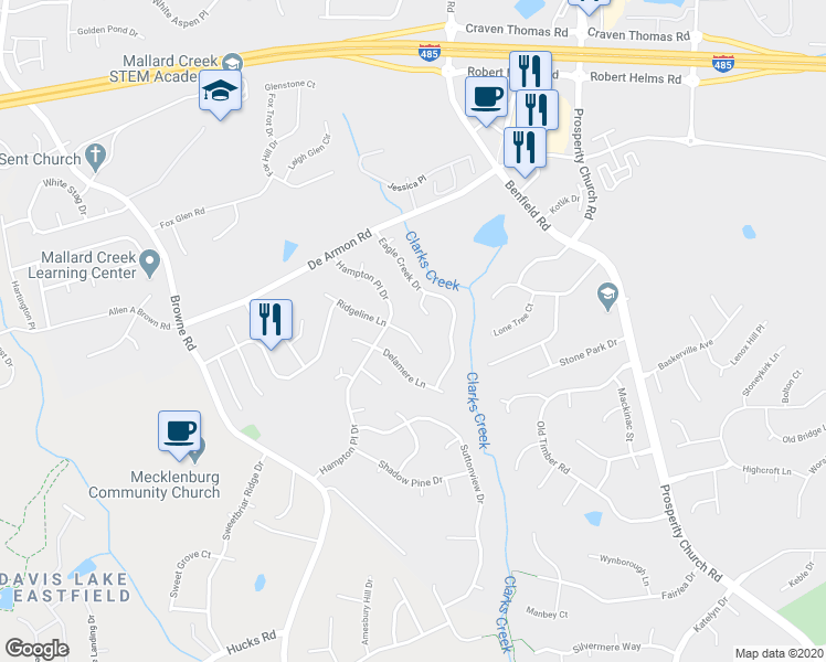 map of restaurants, bars, coffee shops, grocery stores, and more near 8524 Ridgeline Lane in Charlotte