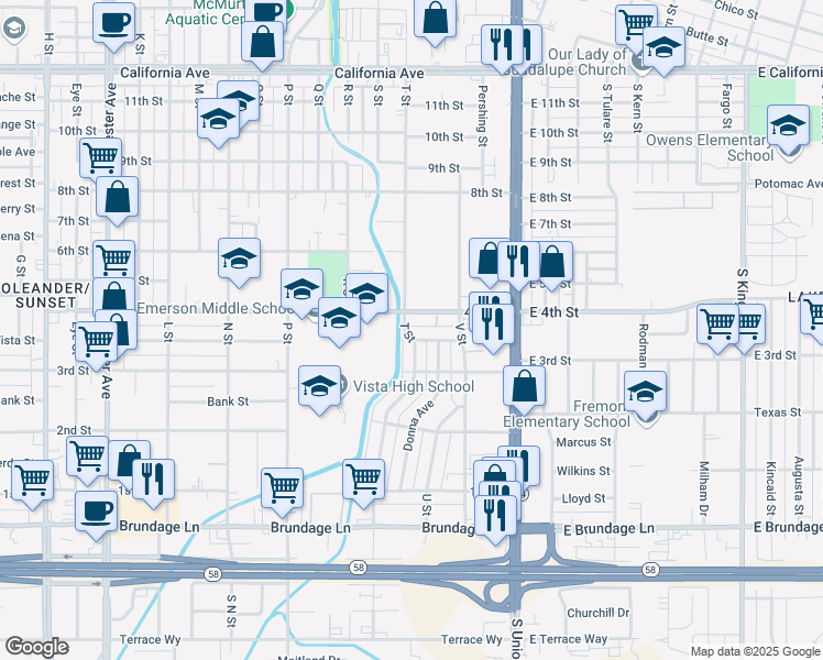 map of restaurants, bars, coffee shops, grocery stores, and more near 336 T Street in Bakersfield