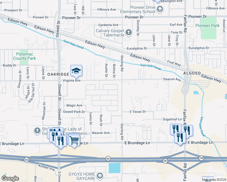 map of restaurants, bars, coffee shops, grocery stores, and more near 5509 Plute Pass Street in Bakersfield