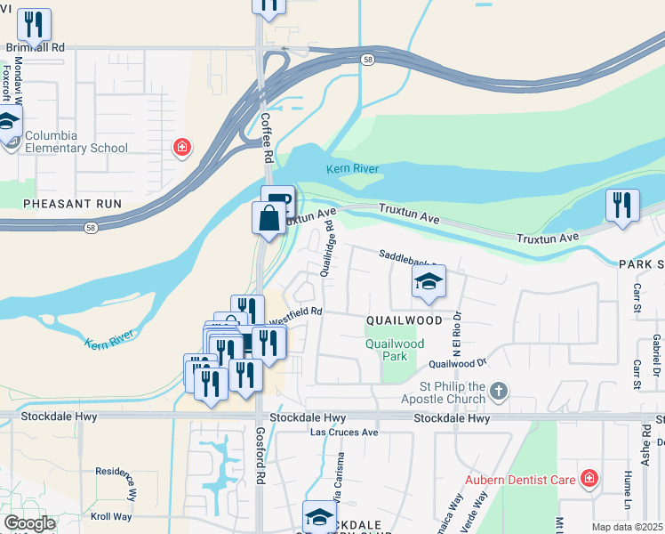 map of restaurants, bars, coffee shops, grocery stores, and more near 708 Empty Saddle Lane in Bakersfield