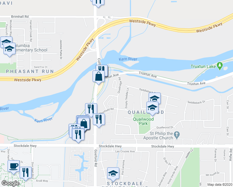 map of restaurants, bars, coffee shops, grocery stores, and more near 7800 Westfield Road in Bakersfield