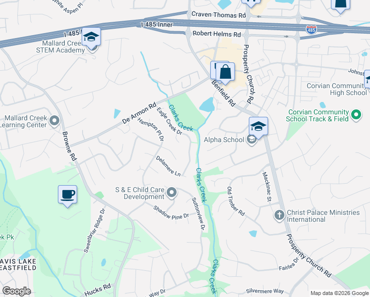 map of restaurants, bars, coffee shops, grocery stores, and more near 8504 Ridgeline Lane in Charlotte