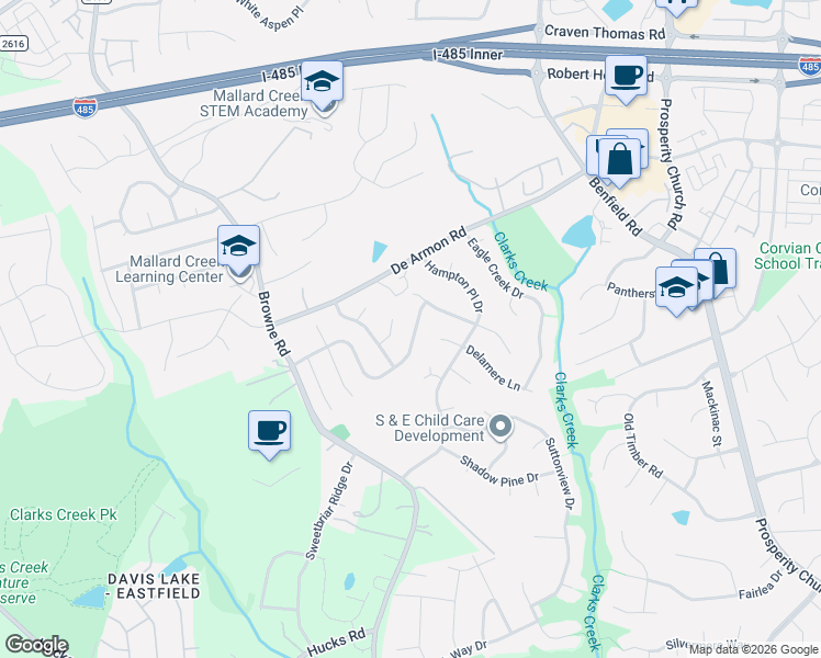 map of restaurants, bars, coffee shops, grocery stores, and more near 12122 Brownestone View Drive in Charlotte