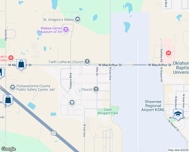 map of restaurants, bars, coffee shops, grocery stores, and more near 1738 West University Avenue in Shawnee