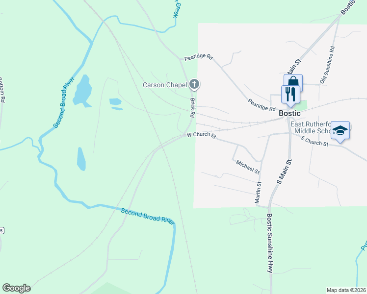 map of restaurants, bars, coffee shops, grocery stores, and more near 491 West Church Street in Bostic