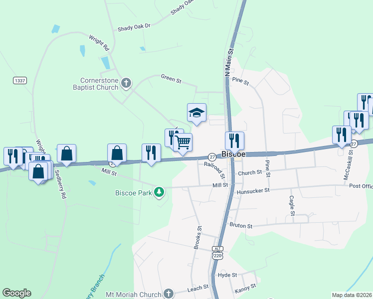 map of restaurants, bars, coffee shops, grocery stores, and more near 213 West Main Street in Biscoe