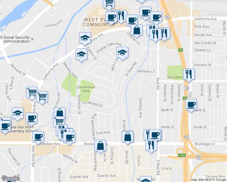 map of restaurants, bars, coffee shops, grocery stores, and more near 4101 La Mirada Drive in Bakersfield
