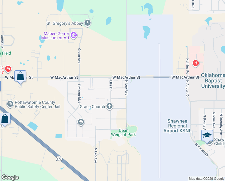 map of restaurants, bars, coffee shops, grocery stores, and more near 1738 West University Avenue in Shawnee