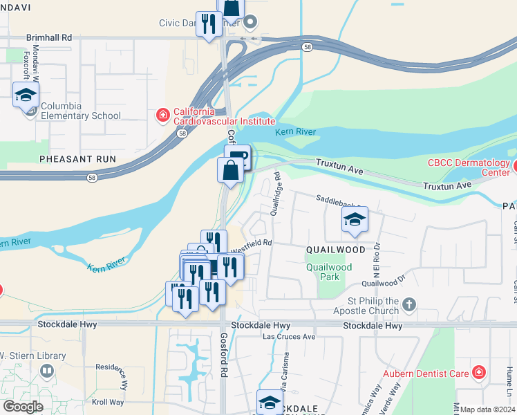 map of restaurants, bars, coffee shops, grocery stores, and more near 7800 Westfield Road in Bakersfield