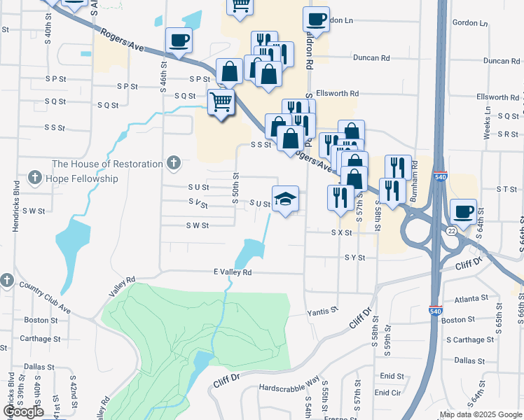 map of restaurants, bars, coffee shops, grocery stores, and more near 2401 South 51st Court in Fort Smith