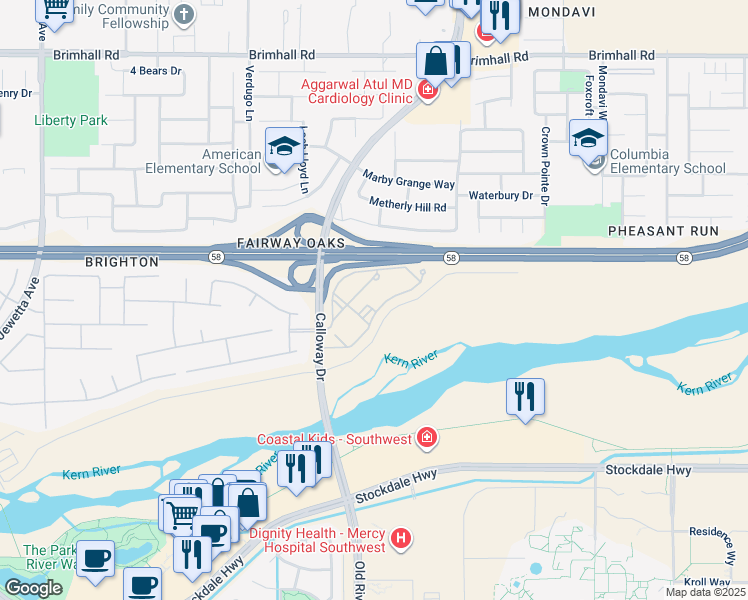 map of restaurants, bars, coffee shops, grocery stores, and more near 350 Calloway Drive in Bakersfield