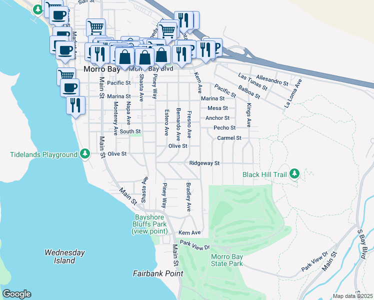 map of restaurants, bars, coffee shops, grocery stores, and more near 462 Bernardo Avenue in Morro Bay