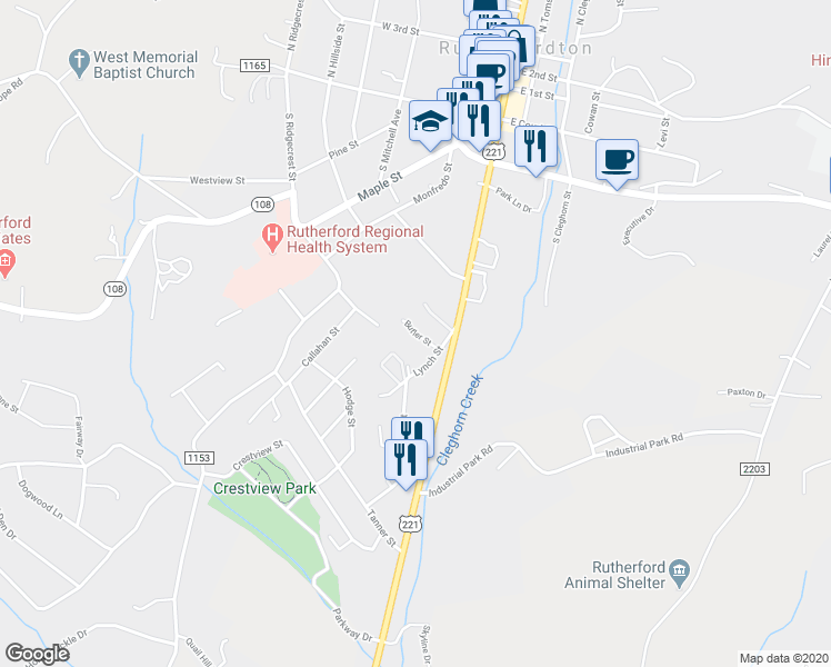 map of restaurants, bars, coffee shops, grocery stores, and more near 124 Butler Street in Rutherfordton