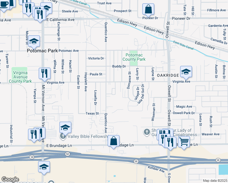 map of restaurants, bars, coffee shops, grocery stores, and more near 2707 Virginia Avenue in Bakersfield