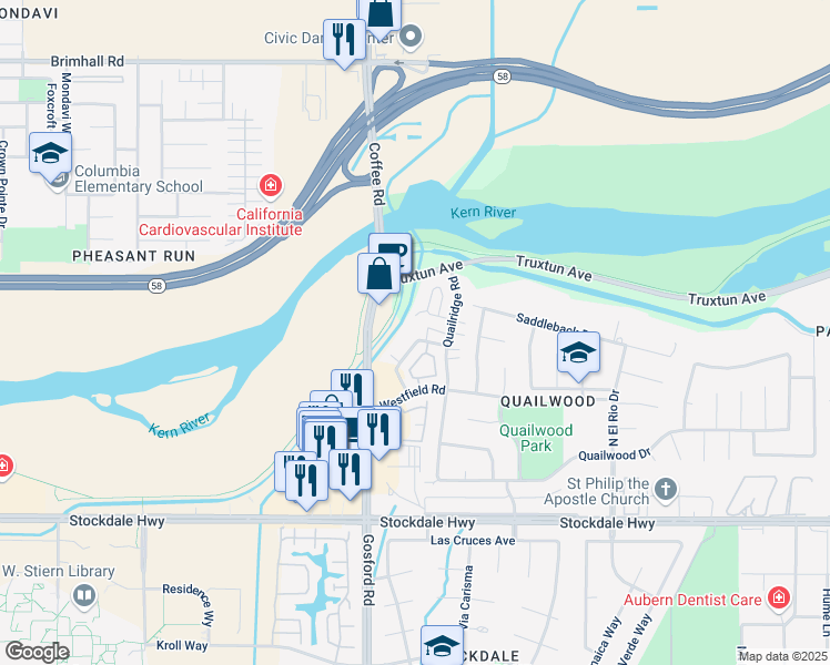 map of restaurants, bars, coffee shops, grocery stores, and more near 600 Coffee Road in Bakersfield