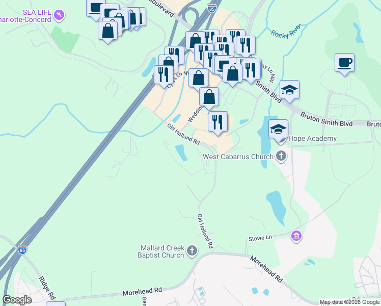 map of restaurants, bars, coffee shops, grocery stores, and more near 8255 Old Holland Road in Charlotte