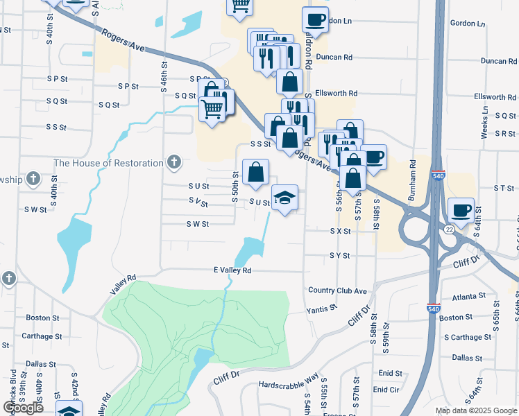 map of restaurants, bars, coffee shops, grocery stores, and more near 5200 South U Street in Fort Smith