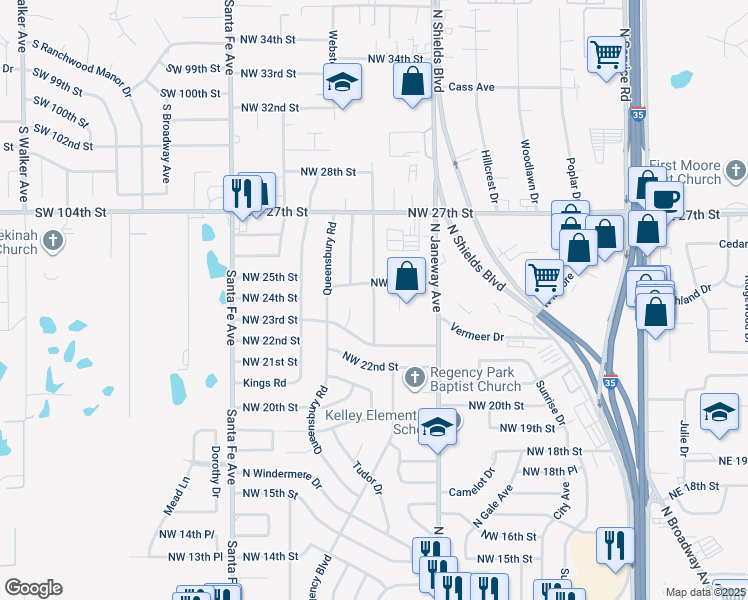 map of restaurants, bars, coffee shops, grocery stores, and more near 2500 North Nottingham Way in Moore
