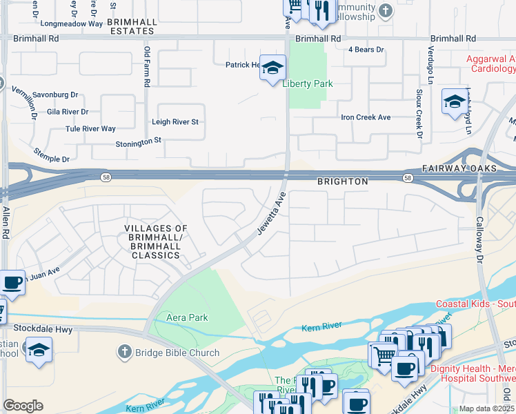 map of restaurants, bars, coffee shops, grocery stores, and more near 11401 Braemar Lane in Bakersfield