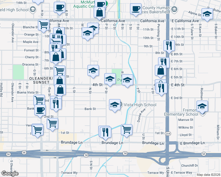 map of restaurants, bars, coffee shops, grocery stores, and more near 801 4th Street in Bakersfield