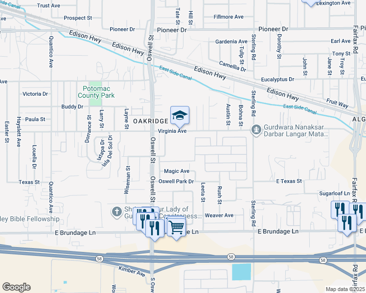 map of restaurants, bars, coffee shops, grocery stores, and more near 3301 Virginia Avenue in Bakersfield