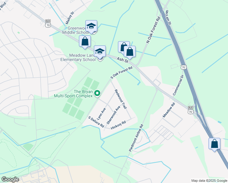 map of restaurants, bars, coffee shops, grocery stores, and more near 107 Redwood Trail in Goldsboro