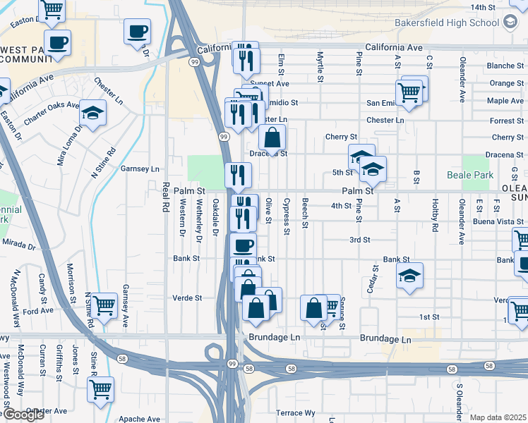 map of restaurants, bars, coffee shops, grocery stores, and more near 350 Olive Street in Bakersfield