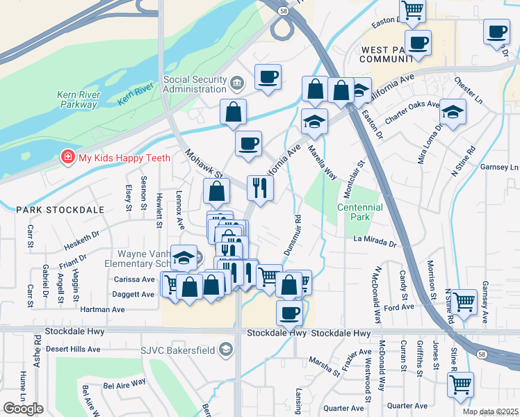 map of restaurants, bars, coffee shops, grocery stores, and more near in Bakersfield