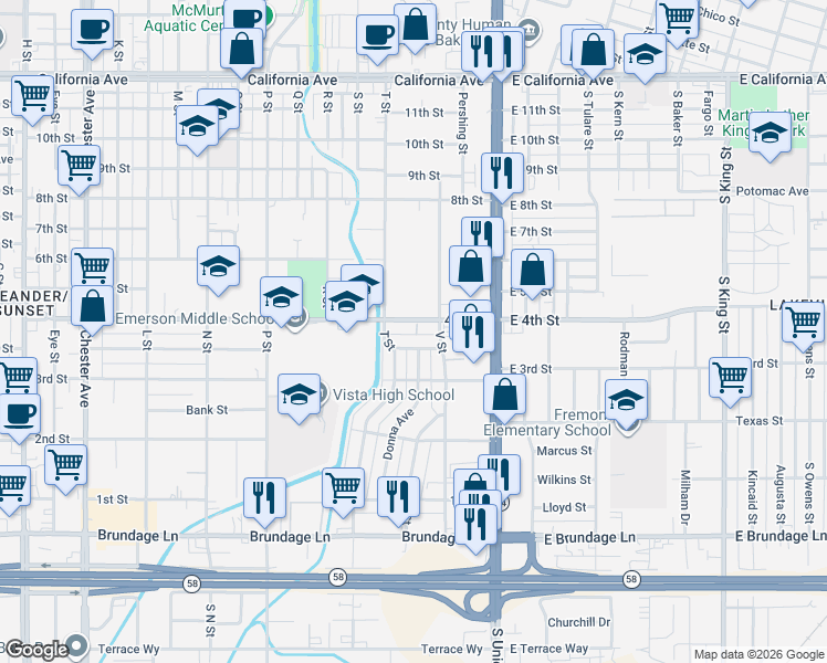 map of restaurants, bars, coffee shops, grocery stores, and more near 405 V Street in Bakersfield