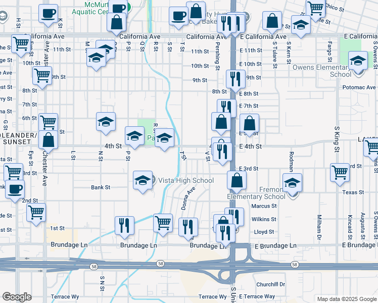 map of restaurants, bars, coffee shops, grocery stores, and more near 400 T Street in Bakersfield
