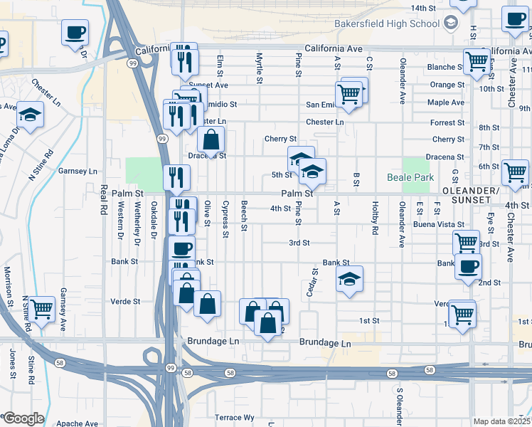 map of restaurants, bars, coffee shops, grocery stores, and more near 2800 4th Street in Bakersfield