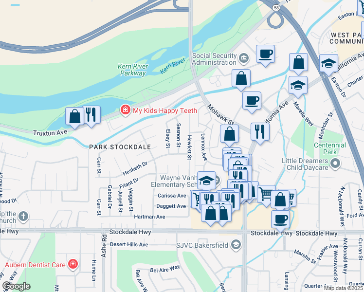 map of restaurants, bars, coffee shops, grocery stores, and more near 709 Sesnon Street in Bakersfield