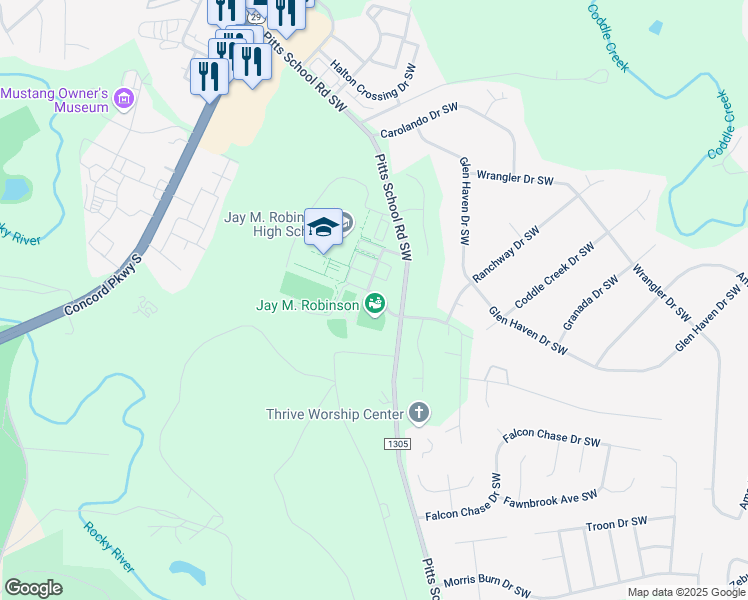 map of restaurants, bars, coffee shops, grocery stores, and more near 300 Pitts School Road Southwest in Concord