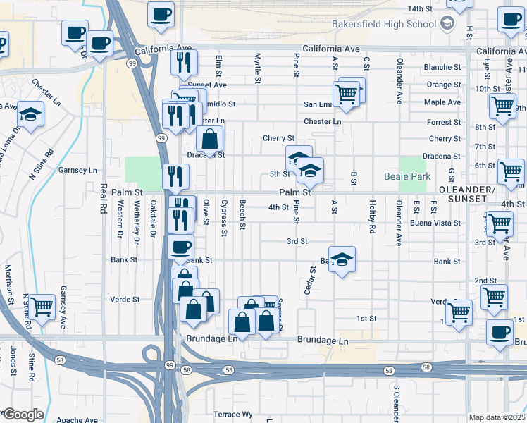 map of restaurants, bars, coffee shops, grocery stores, and more near 2800 4th Street in Bakersfield