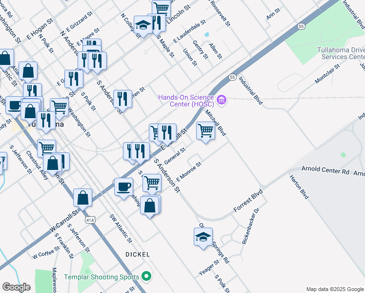 map of restaurants, bars, coffee shops, grocery stores, and more near 512 East Carroll Street in Tullahoma