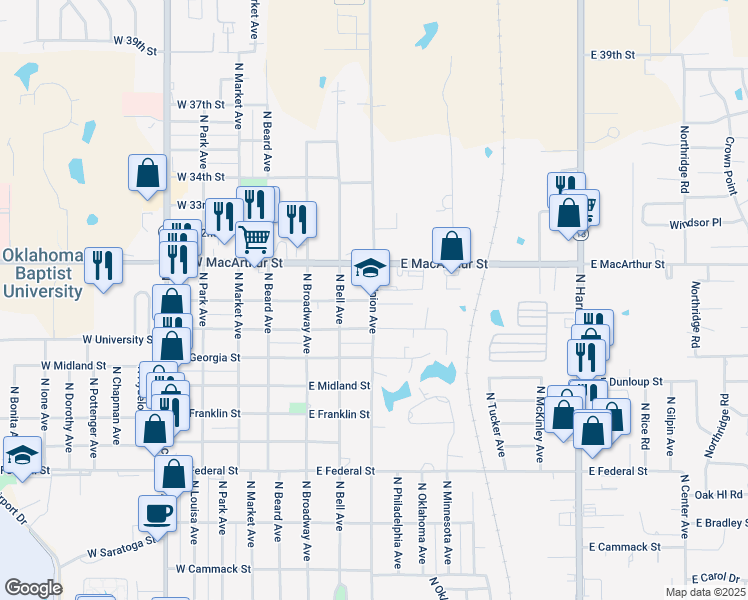 map of restaurants, bars, coffee shops, grocery stores, and more near 2600 North Union Avenue in Shawnee