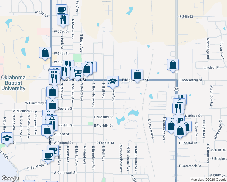 map of restaurants, bars, coffee shops, grocery stores, and more near 2600 North Union Avenue in Shawnee