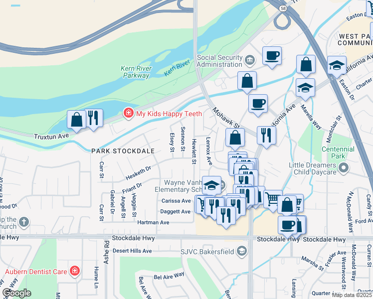 map of restaurants, bars, coffee shops, grocery stores, and more near 709 Sesnon Street in Bakersfield