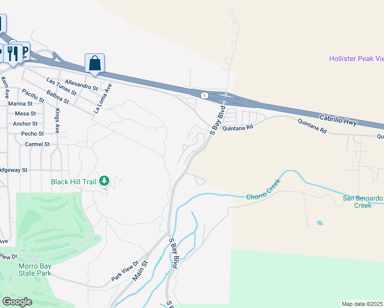 map of restaurants, bars, coffee shops, grocery stores, and more near 475 South Bay Boulevard in Morro Bay