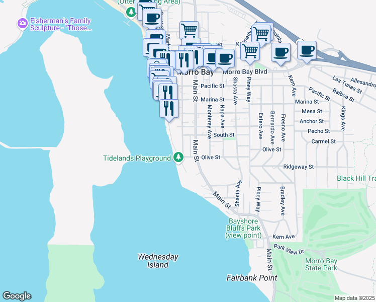 map of restaurants, bars, coffee shops, grocery stores, and more near 427 Morro Cove Road in Morro Bay