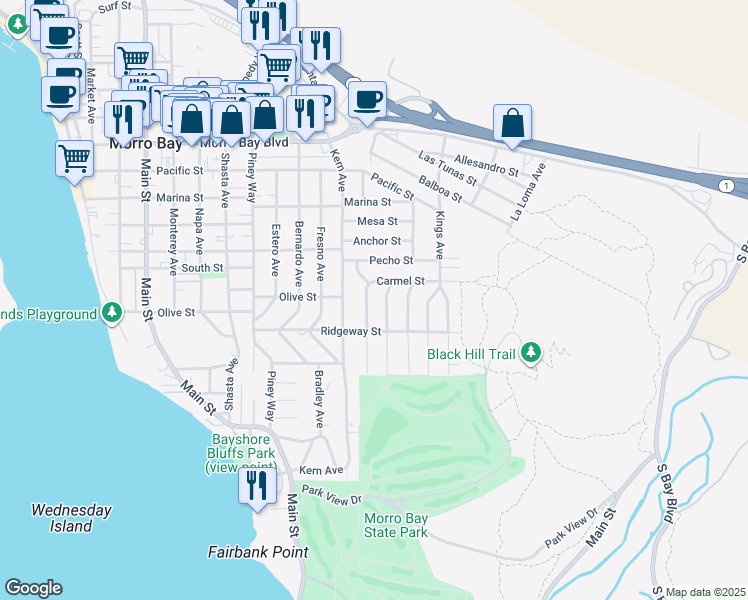 map of restaurants, bars, coffee shops, grocery stores, and more near 934 Carmel Street in Morro Bay