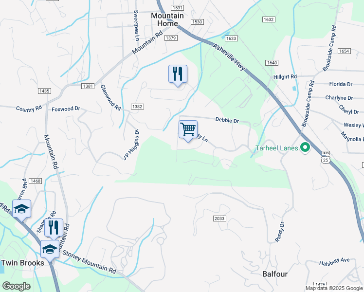 map of restaurants, bars, coffee shops, grocery stores, and more near 111 Rusty Lane in Hendersonville