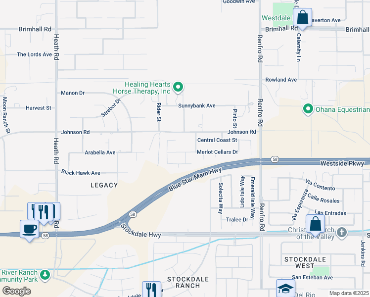 map of restaurants, bars, coffee shops, grocery stores, and more near 15102 Merlot Cellars Drive in Bakersfield