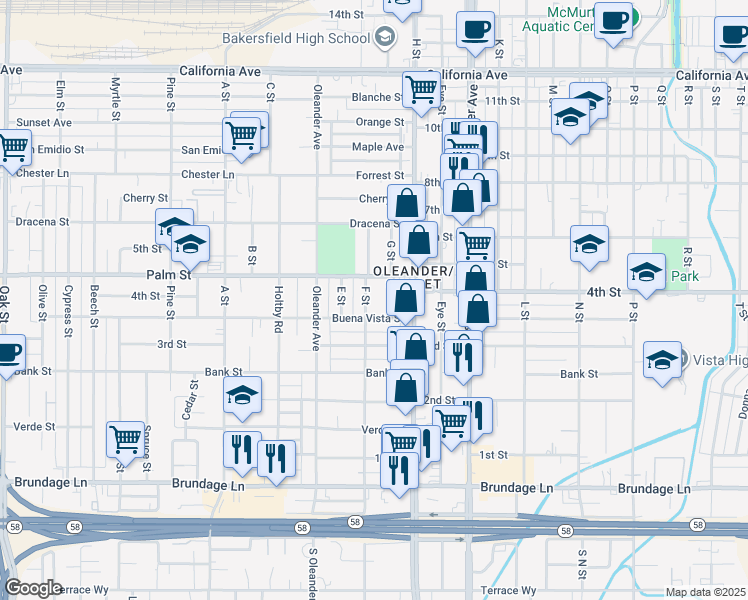 map of restaurants, bars, coffee shops, grocery stores, and more near 325 F Street in Bakersfield