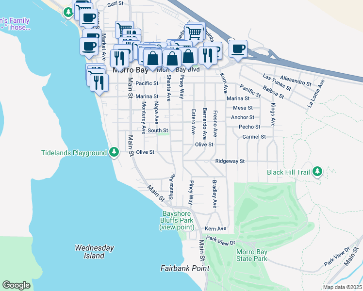 map of restaurants, bars, coffee shops, grocery stores, and more near 446 Shasta Avenue in Morro Bay