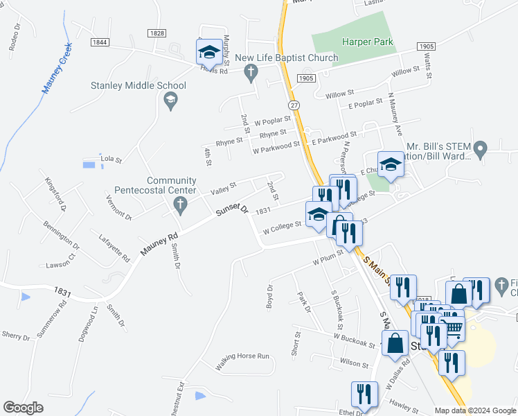 map of restaurants, bars, coffee shops, grocery stores, and more near 214 West Church Street in Stanley