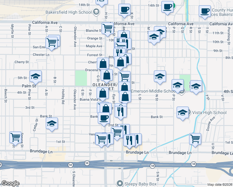 map of restaurants, bars, coffee shops, grocery stores, and more near 330 Eye Street in Bakersfield