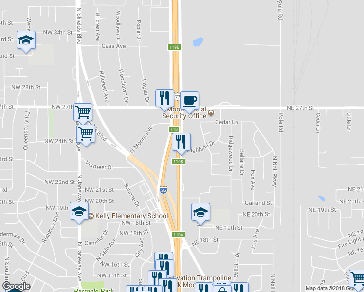 map of restaurants, bars, coffee shops, grocery stores, and more near 2528 North Service Road in Moore